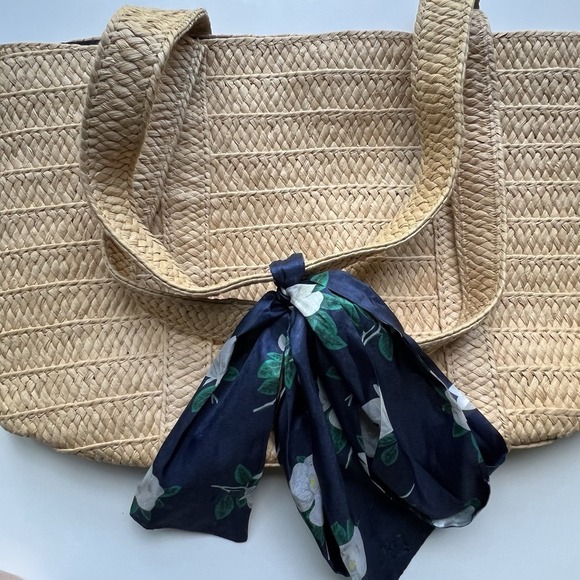 Draper James Handbags - Straw Tote Bag Large Beige Woven Purse Floral‎ Scarf Coastal Beach Cottagecore